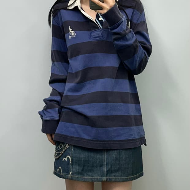 빈폴 자수로고 단가라 럭비 티셔츠