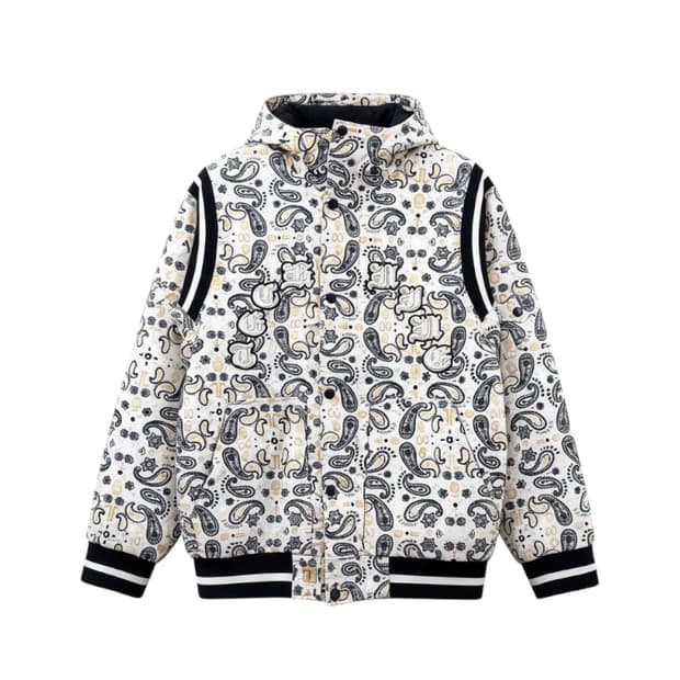 테크나인 페이즐리 올오버 패턴 보드자켓 크루패치 디테일 화이트