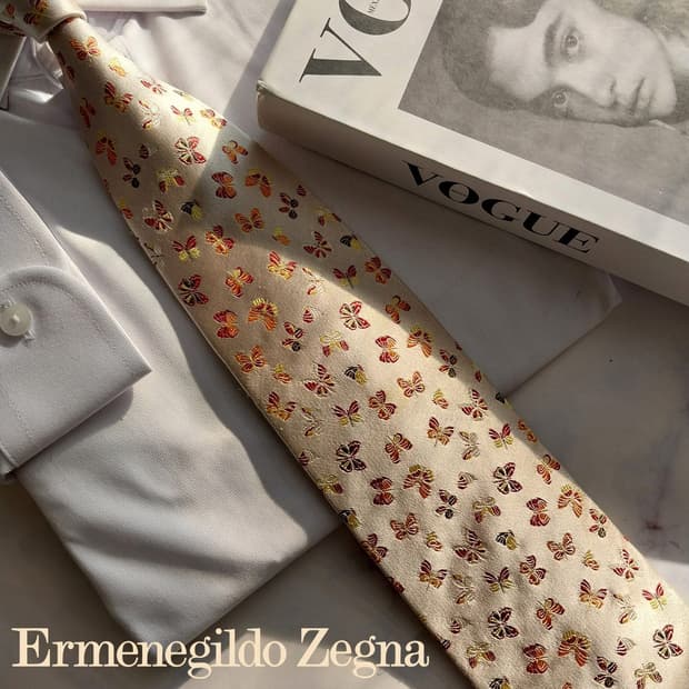 제냐 실크 베이지 나비 자카드 넥타이 9cm A등급 K1547
