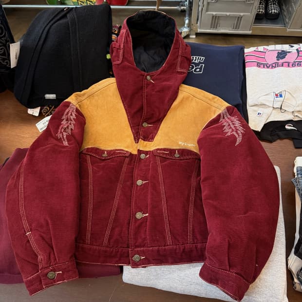 90S 디젤 버건디 코듀로이 스웨이드 패널 후드 트러커 자켓 L XL