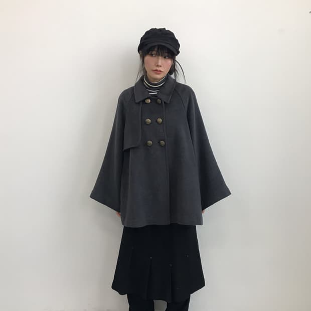 Jpn Dark Grey Double-Breasted Cape Coat