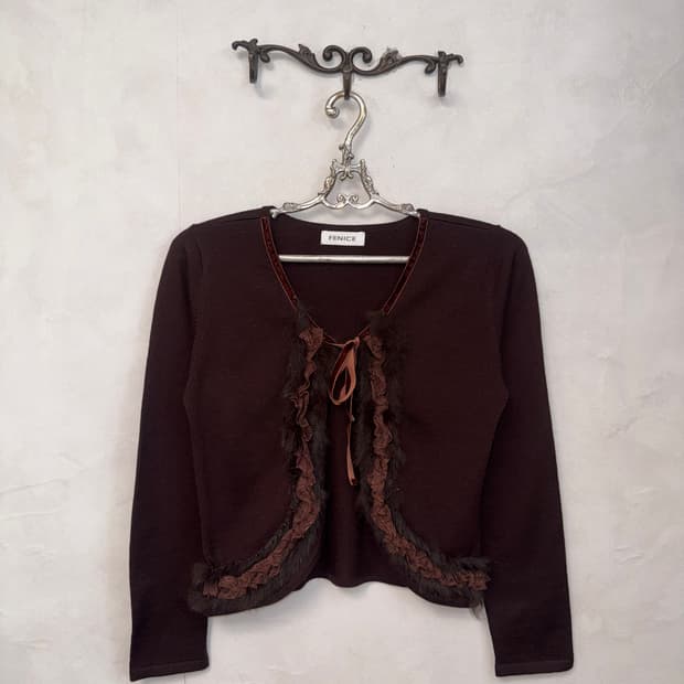 Brown rabbit fur trimming wool cardigan