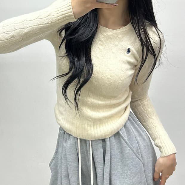 폴로 랄프로렌 아이보리 울 캐시미어 걸즈 케이블 크루넥 니트(M)