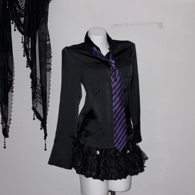 새틴 블랙 셔츠 고스 고딕 쇼콜라 