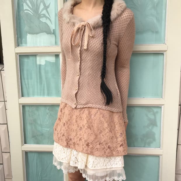 Lest rose fake fur trimming knit cardiga