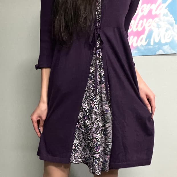 모리 하구미 에스닉 리본 쥬얼리 플로럴 퍼플 원피스