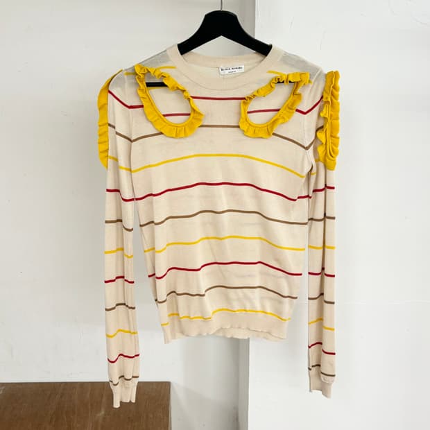 소니아 리키엘 혼방 스트라이프 프릴 가디건