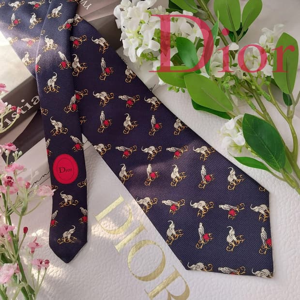 디올 실크 네이비 코끼리 패턴 넥타이 9.8cm A+등급 K1629
