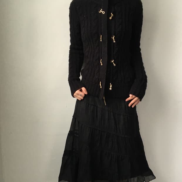 Cable pattern high neck knit zip up