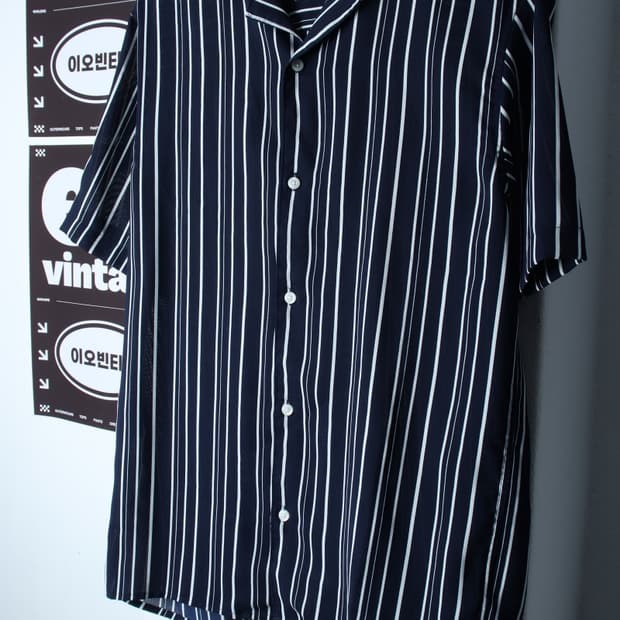 (L-XL) 반팔 카라 티셔츠 셔츠 남방 스트라이프 네이비-H35346