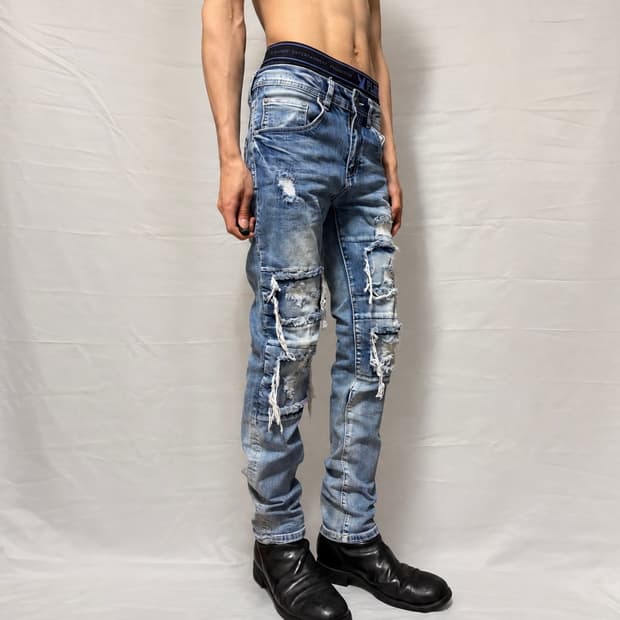 V-MEN distressed patchwork skinny  jeans