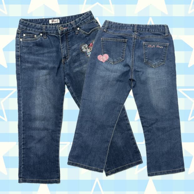 ⭐️재팬 디즈니 미니마우스 7부 데님 팬츠⭐️데코라 워싱 빈티지 패치 