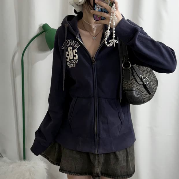 네이비 오버핏 레터링 후드 집업