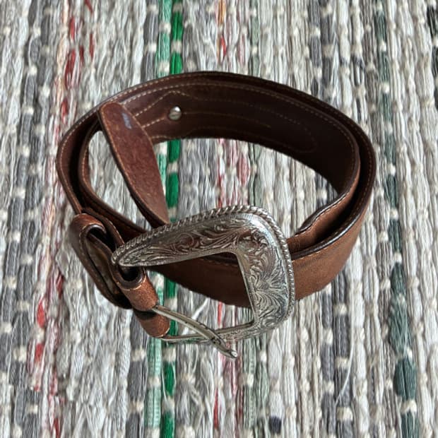 Engraved Buckle Brown Leather Belt