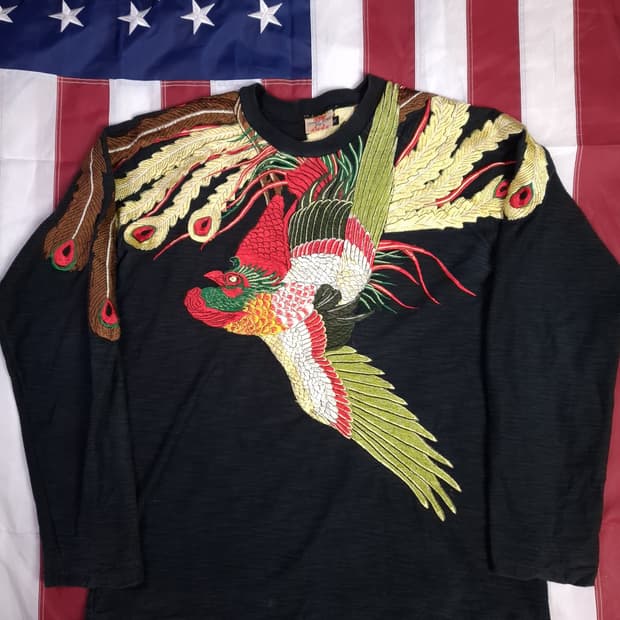 오리지날 일본판 스크립트 봉황 자수 롱 슬리브 티셔츠