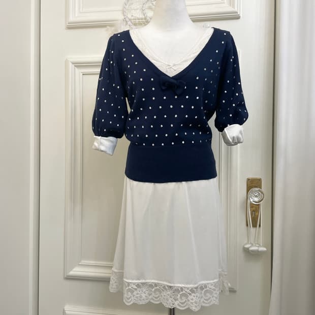 navy dot bow point knit top&white lace s