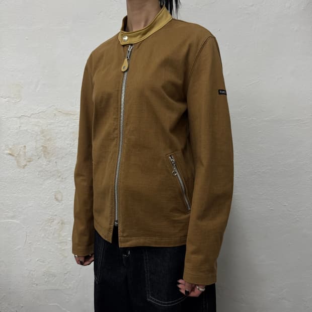 쇼트(Schott) 브라운컬러 코튼 리얼 레더 칼라넥 라이더스 자켓