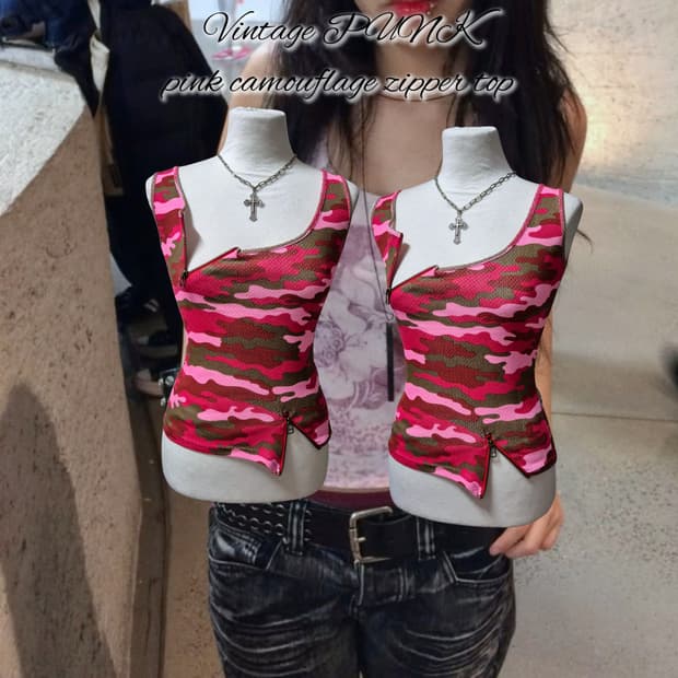 Vintage PUNK pink camouflage zipper top