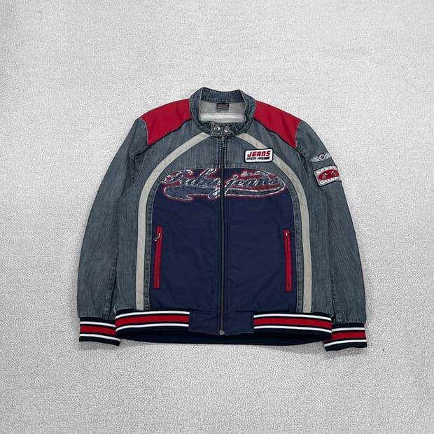 후부 Fubu USA 올드스쿨 데님 바이커 레이싱 자켓
