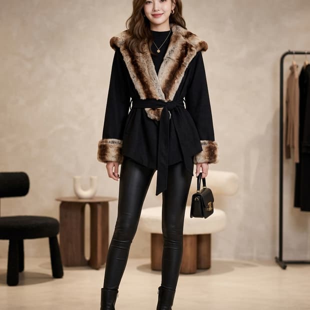 doho 도호 퍼 트리밍 벨티드 울 자켓