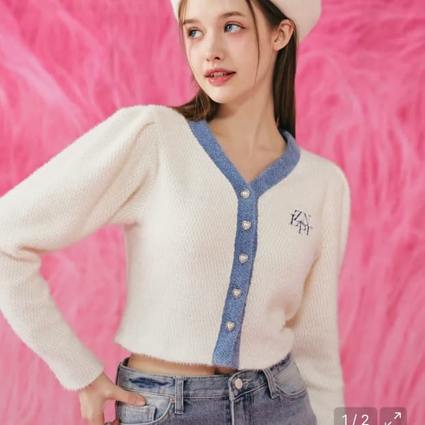제로플래닛 하트 퍼프 크롭 가디건 아이보리