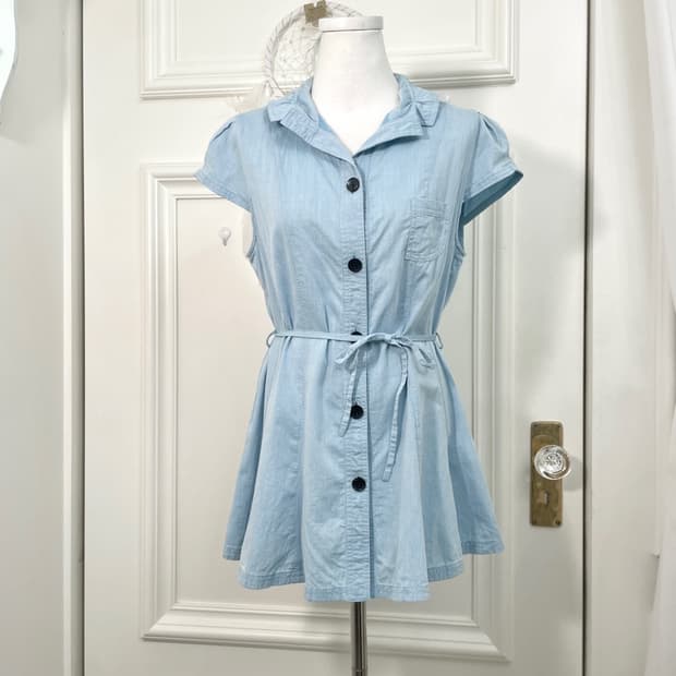 sky blue puff sleeve cotton belt mini op