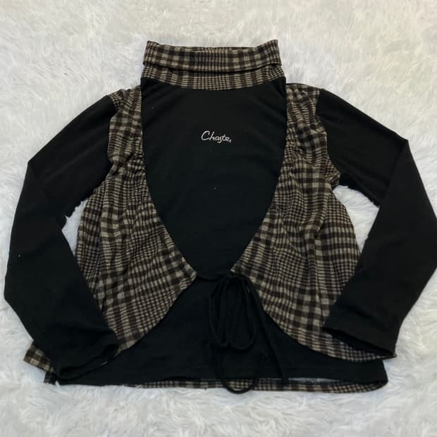 빈티지 초코 브라운 레이어드 리본 폴라 티셔츠 797 y2k 스트릿 갸루