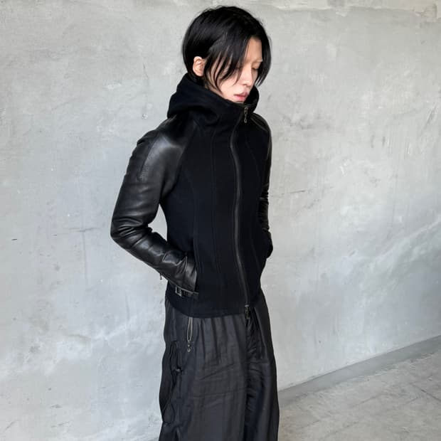 Kazuyuki kumagai attachment 레더 믹스 후드 자켓