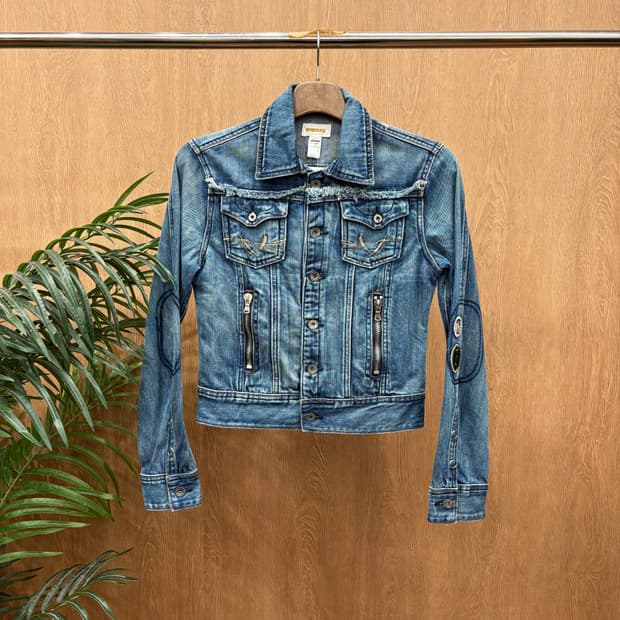 디젤 트러커 데님 자켓 백프린트 집업 포켓 디테일 빈티지 블루