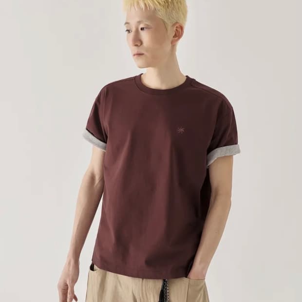 [크롭] 배색 롤업 크롭 반팔 티셔츠_버건디 XL