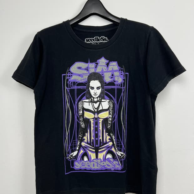 T077 시들레스 퍼플 그래픽 여성 반팔 티셔츠