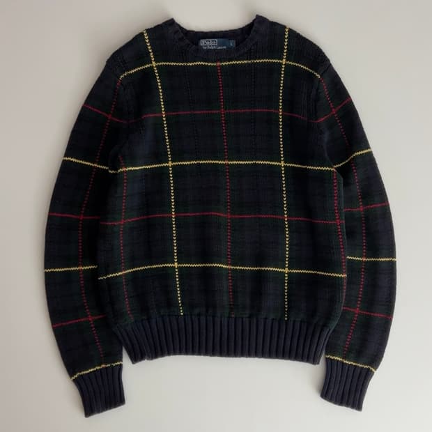 폴로 랄프로렌 타탄체크 라운드넥 니트 L