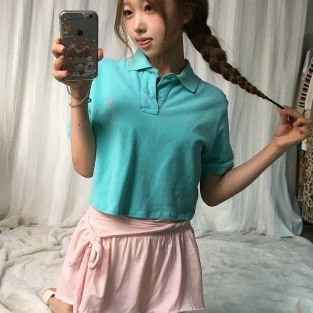 빈티지 민트 핑크 폴로 카프리 코디레트