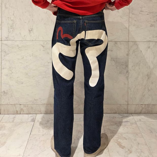 에비수 빅 플라워 셀비지 데님 팬츠