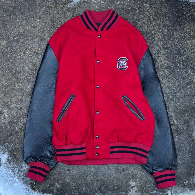 빈티지 올드스쿨 리얼레더 레드 바시티 자켓