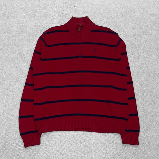 폴로 랄프로렌 스트라이프 하프 집업 니트 레드 네이비