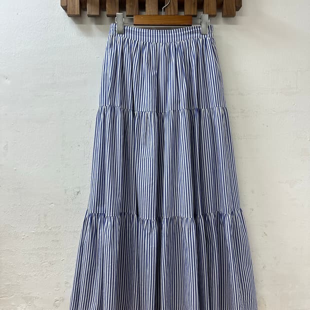 일본빈티지 블루 스트라이프 A라인 티어드 롱 스커트 