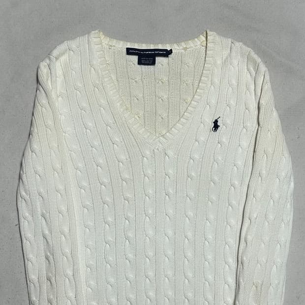 S 폴로랄프로렌 여성용 화이트 브이넥 케이블 니트