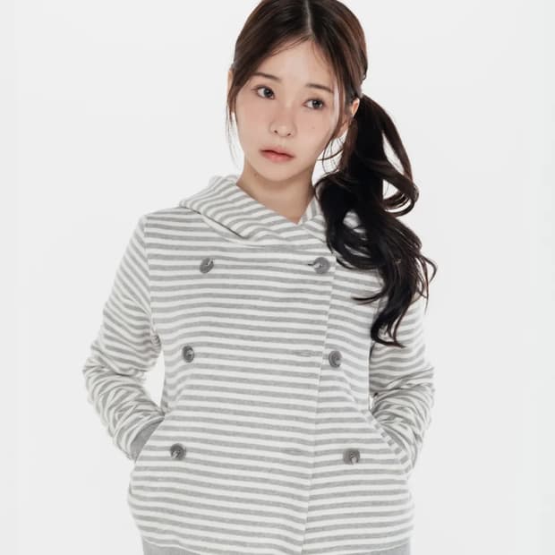 더블버튼 스트라이프 후드자켓_크림메란지그레이