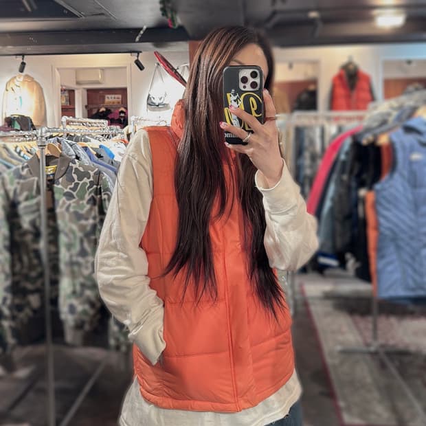 살로몬 오렌지 하이넥 스퀘어 패딩 조끼 베스트 95