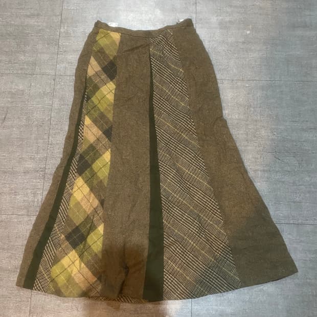 일본빈티지 하구미모리걸 할메카지라떼갸루 패치워크 롱스커트 카키브라운
