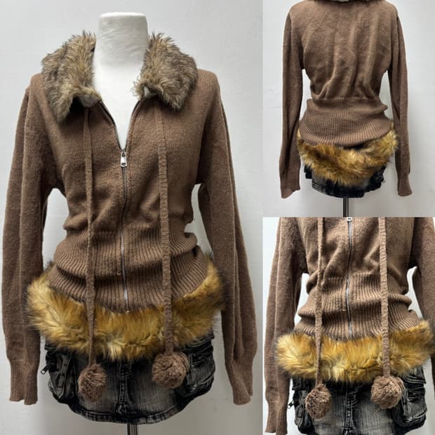 00’s Brown Fur Trimming Short Knit Zip U
