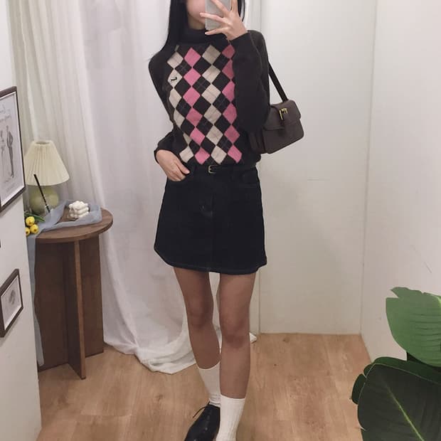 여성 라코스테 아가일패턴 목폴라니트 95