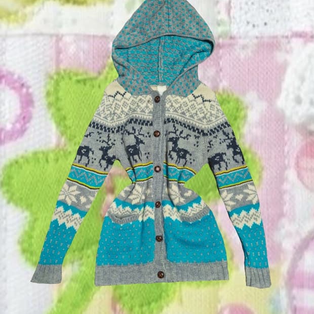 일본 빈티지 모리걸 노르딕 니트 후드 가디건 원피스 민트 빵단추 삿포로