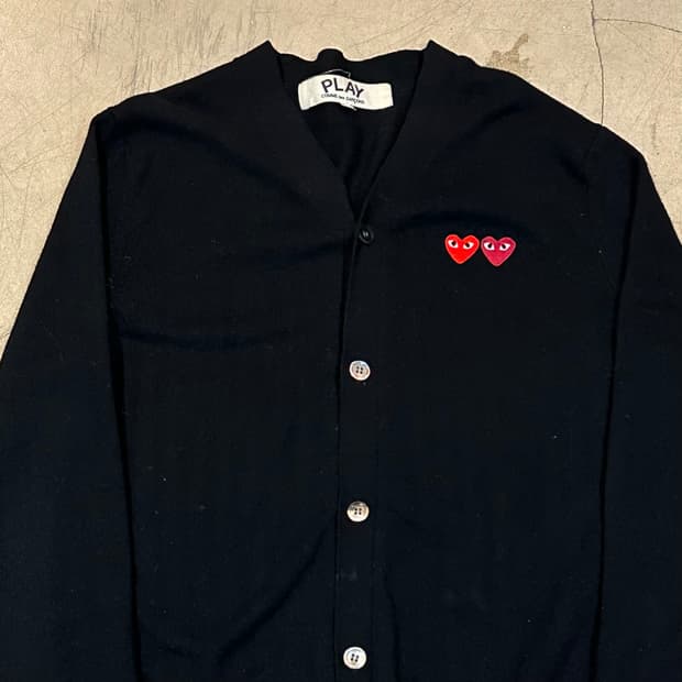 XL 꼼데가르송 더블하트와펜 블랙 울 가디건