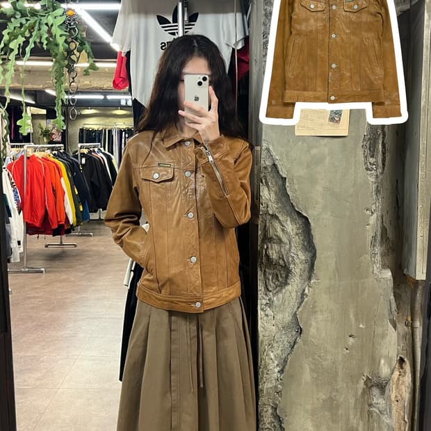 밥슨 카라 버튼 레더 자켓 카멜 S #csz1966