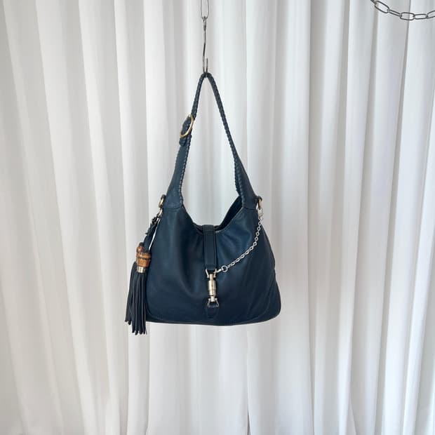  구찌 재키 카우하이드 레더 네이비 태슬 숄더백