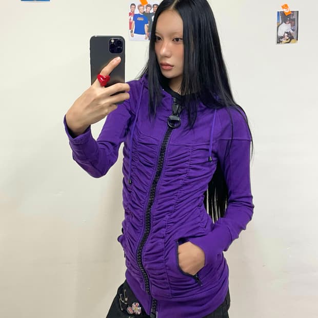 Purple Shirring Point Hooded Zip-Up 