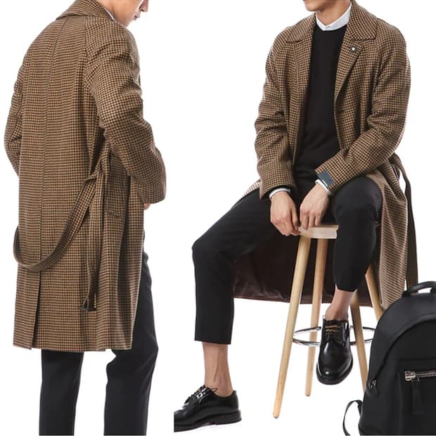 라르디니 벨티드 글랜체크 더블 울 코트