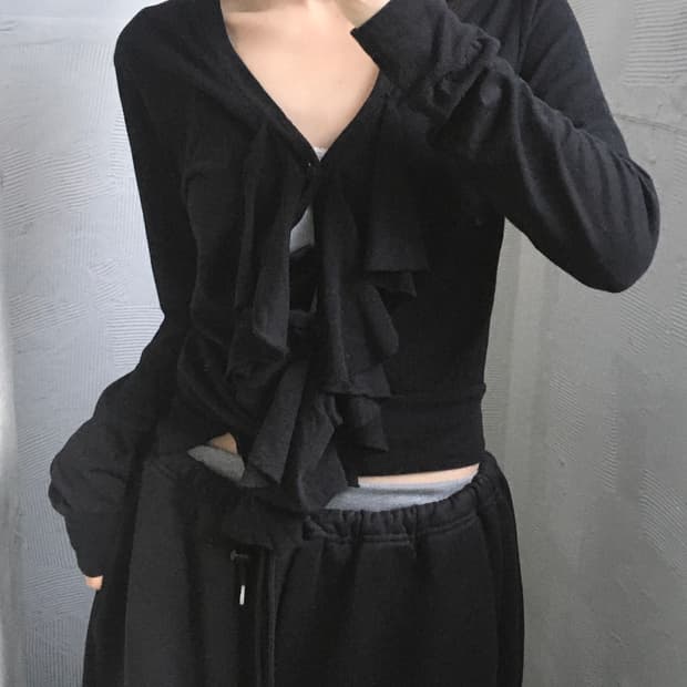gomme 고무 블랙 프릴 언발 가디건